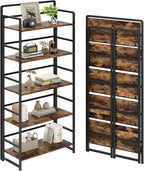 THKKY No Assembly Folding Bookshelf, 5 Tiers Collapsible Book Shelf for Home Office, Vintage Wood Foldable Bookcase Storage Organizer for Living Room Bedroom (Rustic Brown)
