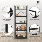 CAPHAUS 5 Tier Bookshelf, 24 Inch Width Free Standing Shelf, Bookcase Shelf Storage Organizer, Industrial Book Shelves for Home Office, Living Room, Kitchen, Black Vintage Shelves & Metal Frame