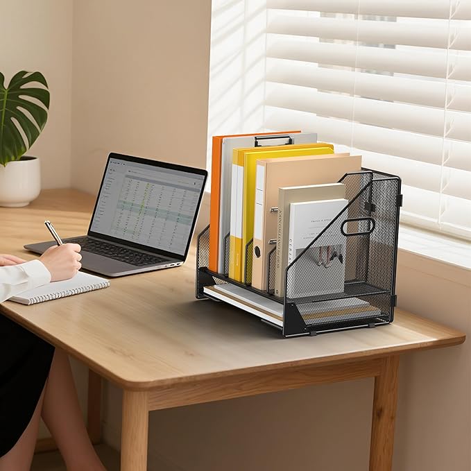 OrgMate Desk File Folder Holder Organizer-4 Vertical Compartments Racks and Paper Letter Tray,Mesh Magazine File Holder Sorter,Desktop Accessories & Workspace Organizers for Home,Office,School-Black