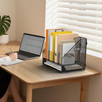 OrgMate Desk File Folder Holder Organizer-4 Vertical Compartments Racks and Paper Letter Tray,Mesh Magazine File Holder Sorter,Desktop Accessories & Workspace Organizers for Home,Office,School-Black
