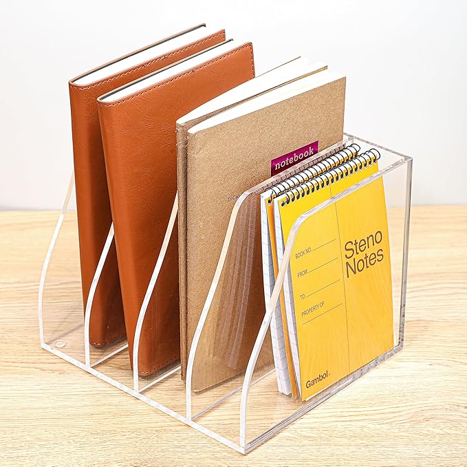 AIDIMOO Acrylic Magazine File Holder, 4 Vertical Compartments Desk Document Sorter Organizer, Clear Folder Rack Binder for Office, Documents, Tablets, Magazines, Books – Home/Classroom Rack