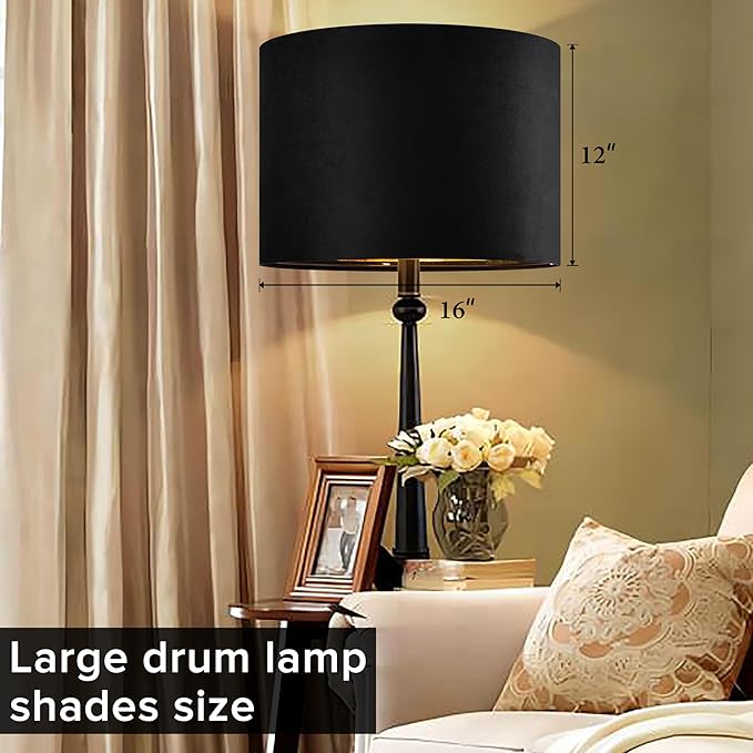 GO&SO Black Velvet Lamp Shades Set of 2 Large Drum Lampshades -16" Top x 16" Bottom x 12" High(Spider) Traditional Fabric Lamp Shade for Table Lamps - Replacement Lampshade - Assembly Required