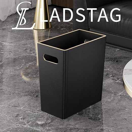 LADSTAG Black 3 Gallon Waste Basket 4 Gallon Trash Can, Office Wastebasket with Gold-Tone Edging Decoration for Bathroom,Pu Leather Waste Bins for Toilet Bedroom Living Room, Office Home Modern Decor