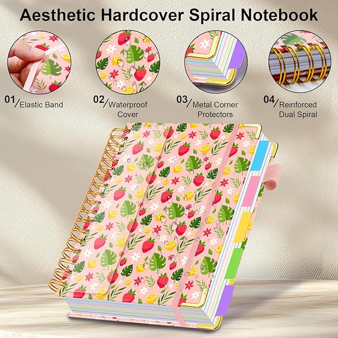 Spiral Journal Notebooks for Work, 300 Pages 5 Subject Notebook College Ruled with Dividers & Tabs, 8''x 10'' Large Notebook Journal for Women Students Note-Taking and Organizer (Pink Floral)