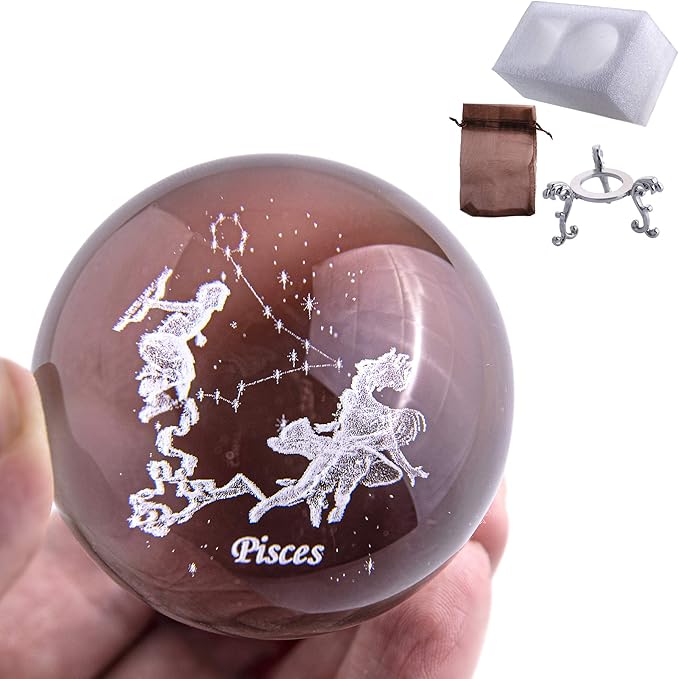 3D Inner Carving Constellation Ball Crystal Paperweight Full Sphere Glass Fengshui with Sliver-Plated Flowering Stand(Pisces)