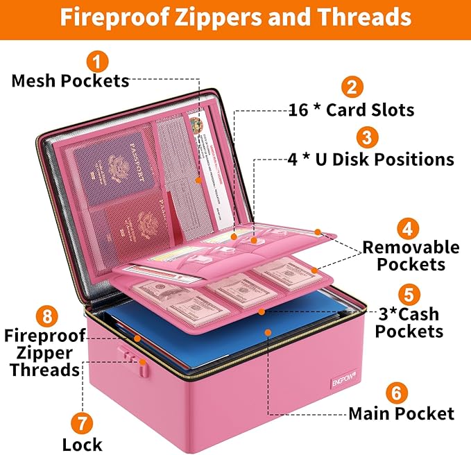 ENGPOW Fireproof Document Box, Hard Case File Box with Fireproof Zipper＆Lock, 6400°F Heat Insulated Fire and Water Resistant File Organizer Storage Safe for Important Documents Laptop Cash, Pink
