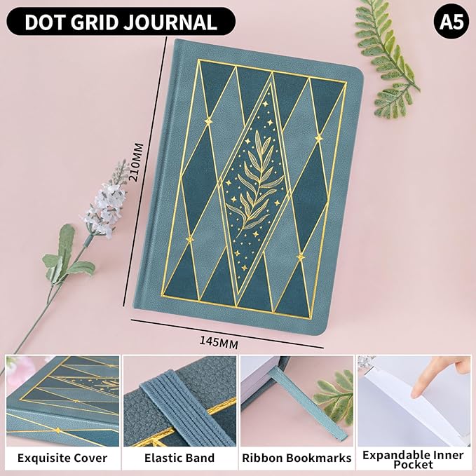 Crein Lynh Dot Grid Journal with 160GSM Thick Paper, 192 Pages, A5 Dotted Notebook for Work, School, Travel | 180° Lay Flat, Foil Stamped Cover, Elastic Band, 2 Bookmarks & Inner Pocket,Dark Green