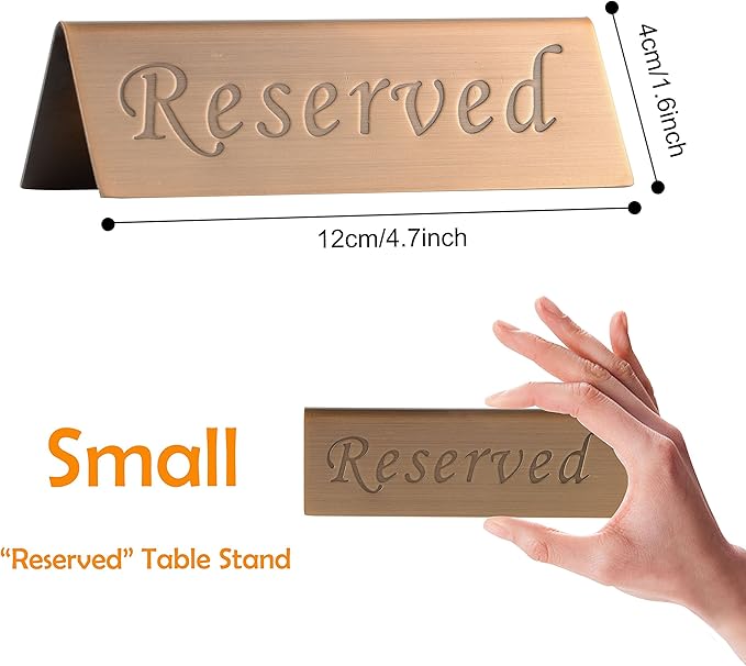 Reserved Sign - Brushed Stainless Steel Free Standing Table Top Compliance Sign - Double Sided - 4.7 By 1.6 Inch - Set of 2 - Copper