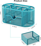 EasyPAG Mesh Pen Holder Desk Organizer with Drawer Stationery Supplies Organizer for Dorm School 9 Compartments Workspace Desk Accessories Organization for Office, Blue