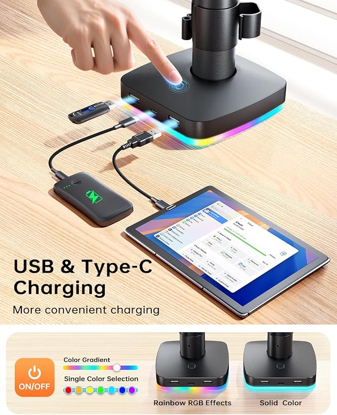RGB Monitor and Laptop Mount Stand with 3 USB Ports, Charging and USB Data Transfer, Adjustable laptop stand for 13" to 32" Screen and 11"-17” Laptop, Holds 18lbs/Arm, 75x75/100x100 VESA, C-Clamp