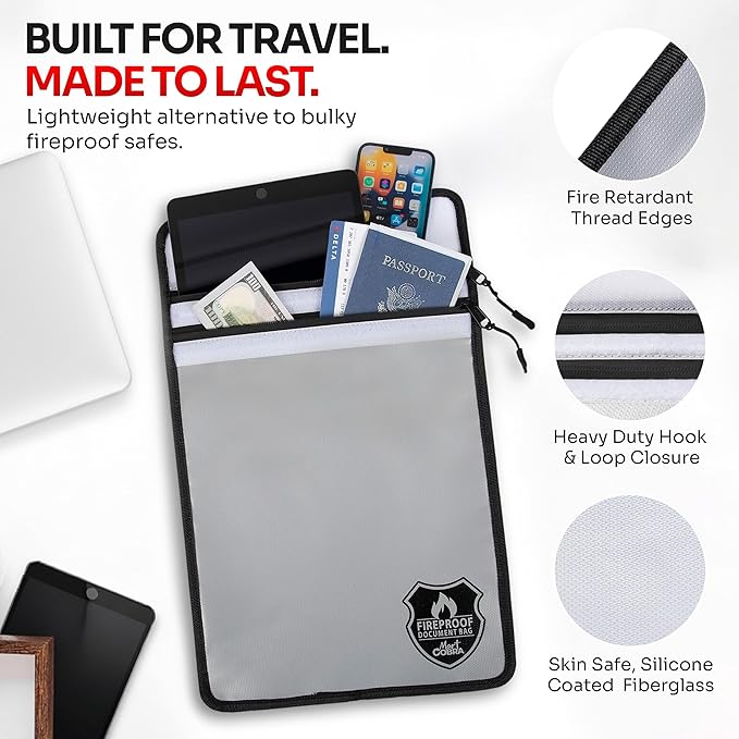 Mart Cobra Fireproof Document Bag with Zipper Fire and Waterproof Document Storage Fireproof Money Bag Cash Fire Proof for Important Home Documents Safe Accessories Paper Holder Pouch Envelope Travel