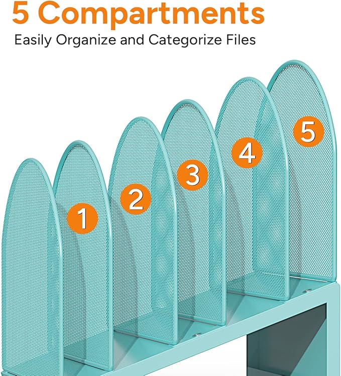 OUTIOE 5-Section Desk File Organizer, Metal Mesh Folder Organizer for Documents, Mail & Office Papers (Blue)
