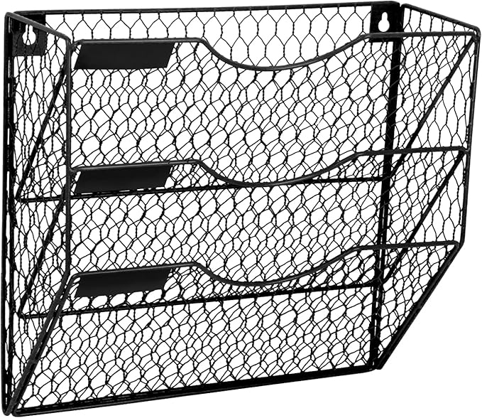 EASEPRES Mail Organizer Wall Mount Hanging File Holder Storage, Metal Chicken Wire Magazine Rack 3 Tier, Black