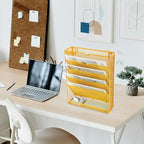 EASEPRES 6 Tier Mesh Hanging Wall File Organizer, Desk Vertical Mail Paper Document Folder Holder Rack with Bottom Tray and Nametag Label for Office Home School, Yellow