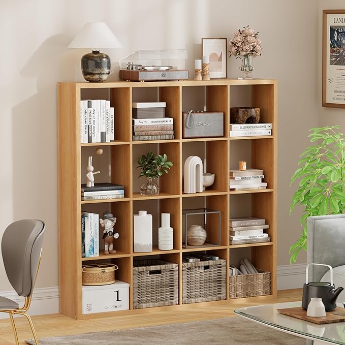 Jpiziso 16-Cube Storage Organizer Bookcase, Thick Frame Wood Grain Storage Shelf, Rectangular Cube Open Back Display Unit, 48.8x9.4x48.8 Inches for Living Room, Bedroom, Home Office, Natural Wood
