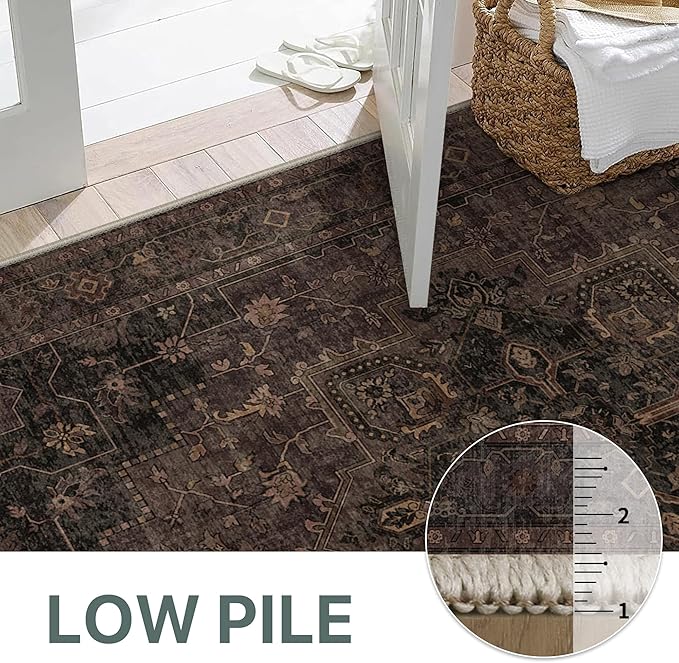 GENIMO 5x7 Area Rugs for Living Room, Machine Washable Rug, Non Slip Indoor Vintage Rug, Low Pile Lightweight Chenille Print Carpet for Bedroom Dining Room Home Office, Charcoal Brown