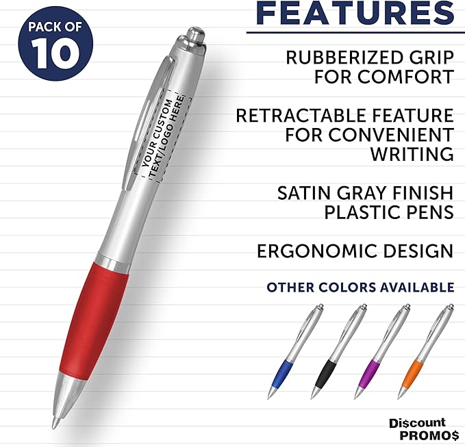 DISCOUNT PROMOS Personalized Ballpoint Pens With Rubber Grip, 10 pack Customizable Ergonomic Click-to-Write Custom Writing Pens for School with Black Ink, Red