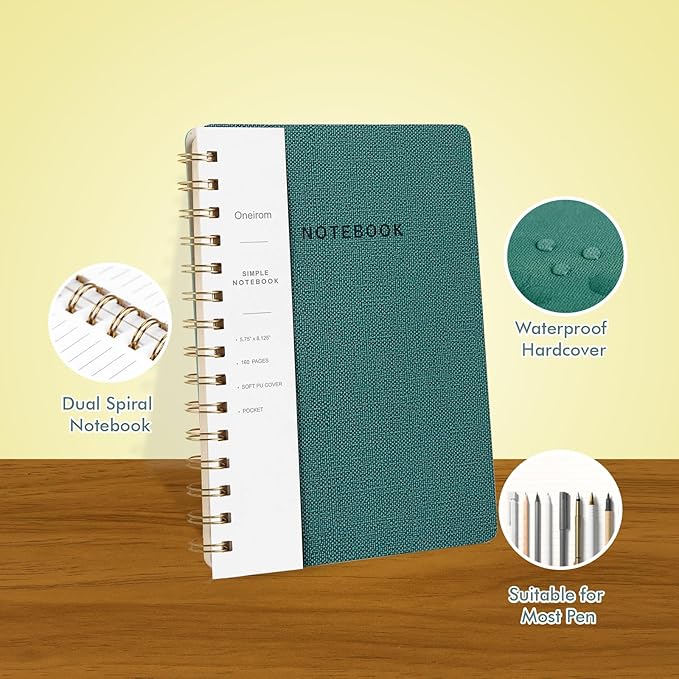 Spiral Notebook-5.75" x 8.125" College Ruled Journal with Inner Pockets and 160 Pages,PU Leather Cover Business Journal, Twin-Wire Binding Notebook Perfect for Office & Home School Supplies 3 pack Reefblue/Green/Brown