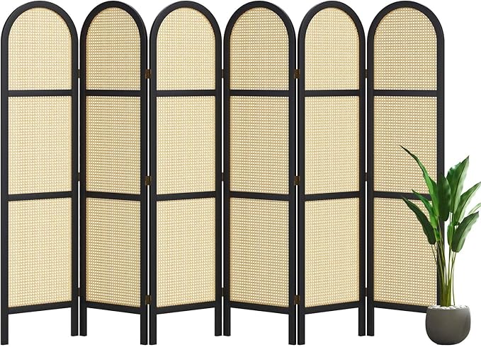 Svimi Room Dividers and Folding Privacy Screens, 5.6 Ft Double Hinged Rattan Partition Freestanding Wall Room Divider for Home - 6 Panels (Black)