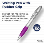 DISCOUNT PROMOS Personalized Ballpoint Pens With Rubber Grip, 50 pack Customizable Ergonomic Click-to-Write Custom Writing Pens for School with Black Ink, Purple