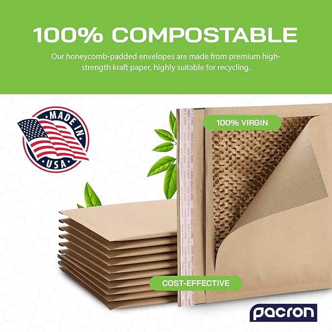 PACRON Biodegradable & Compostable Honeycomb Padded Mailers (8.5”x12"–100pk) Recyclable Hex Coat Paper Shipping Envelopes with Tamper-Resistant Self-Seal, Durable Brown Mailing Envelopes - Made in USA