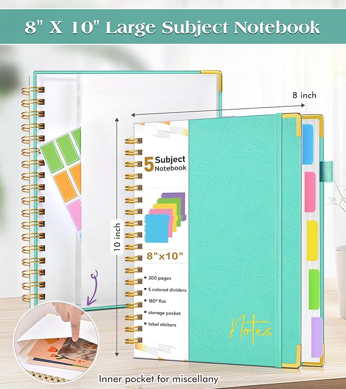 Spiral Notebook Journal with Removable Dividers Tabs, 300 Pages Hardcover Leather 5 Subject College Ruled Notebook, 8"x10" Large B5 Lined Journal for Women Men, Spiral Notebooks for Work School, Teal