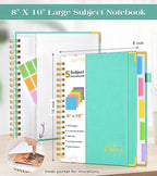Spiral Notebook Journal with Removable Dividers Tabs, 300 Pages Hardcover Leather 5 Subject College Ruled Notebook, 8"x10" Large B5 Lined Journal for Women Men, Spiral Notebooks for Work School, Teal