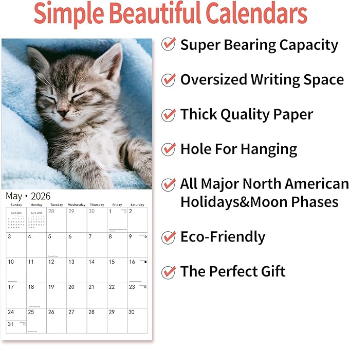 2026 Wall Calendar,Calendar 2026, November 2025 - December 2026, Wall Calendar Baby Kitten, 12" x 24" Opened,Full Page Months Thick & Sturdy Paper for Calendar Organizing & Planning