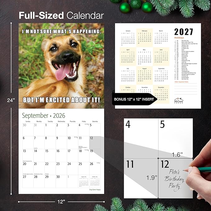 MICASA PRESS Dog-Gone Happy 2026 Wall Calendar 12 Month | 12" x 24" Open | Thick & Sturdy Paper | Holiday Gift | Meme Pooches Puppy Funny Dog Calendar 2026
