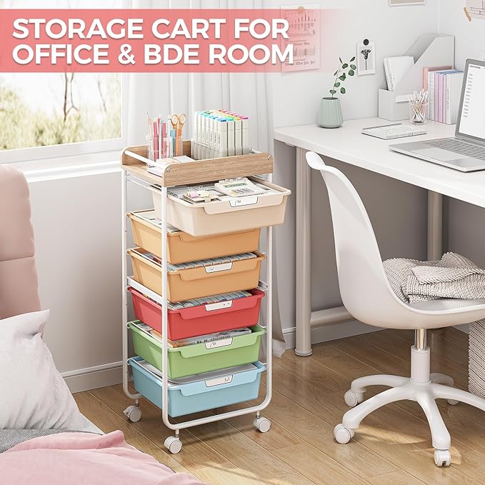 Rolling Storage Utility Cart With 6 Drawers,Art Supply Craft Organizer,Sewing Makeup Organizer And Storage,Office Organization Wooden Tabletop,Rainbow