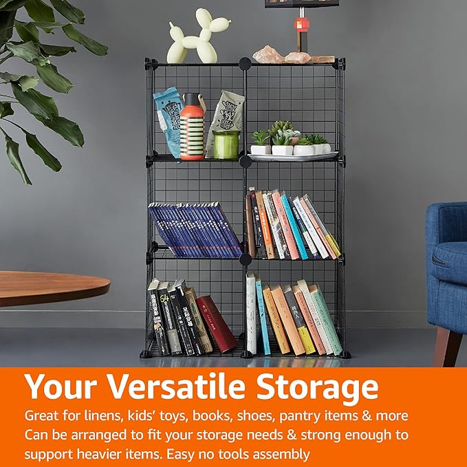Amazon Basics Cube Wire Grid Stackable Storage Shelves, 6-Cube, 12.6"D x 26"W x 38"H, Black