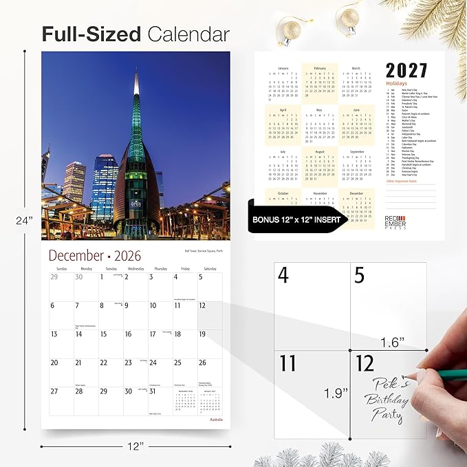 RED EMBER Australia 2026 Wall Calendar 12 Month | 12" x 24" Open | Thick & Sturdy Paper | Holiday Gift | Travel Calendar 2026