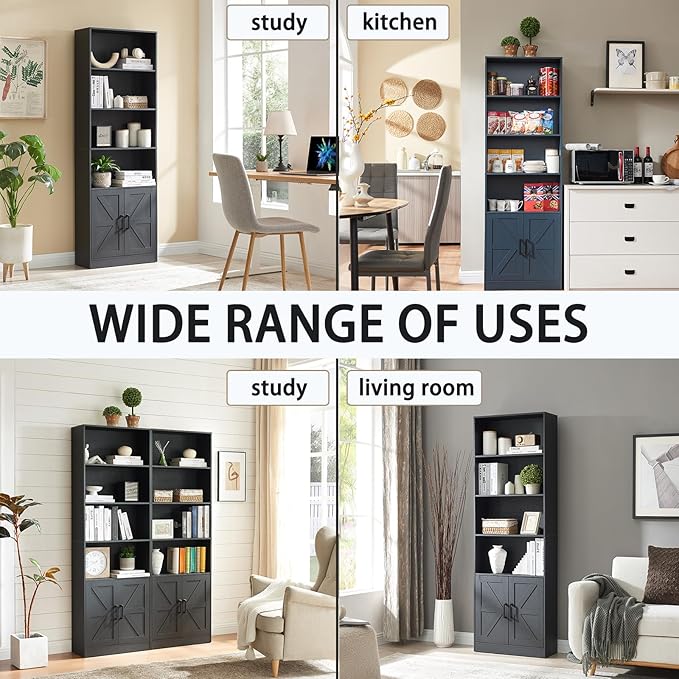 RWYHG 70in Tall Bookshelf 6 Tier Bookcase with Barn Doors and Adjustable Shelf, Black Farmhouse Book Shelves with Storage Cabinet,Wood Floor Standing Display Bookshelve for Bedroom,Living Room,Kitchen