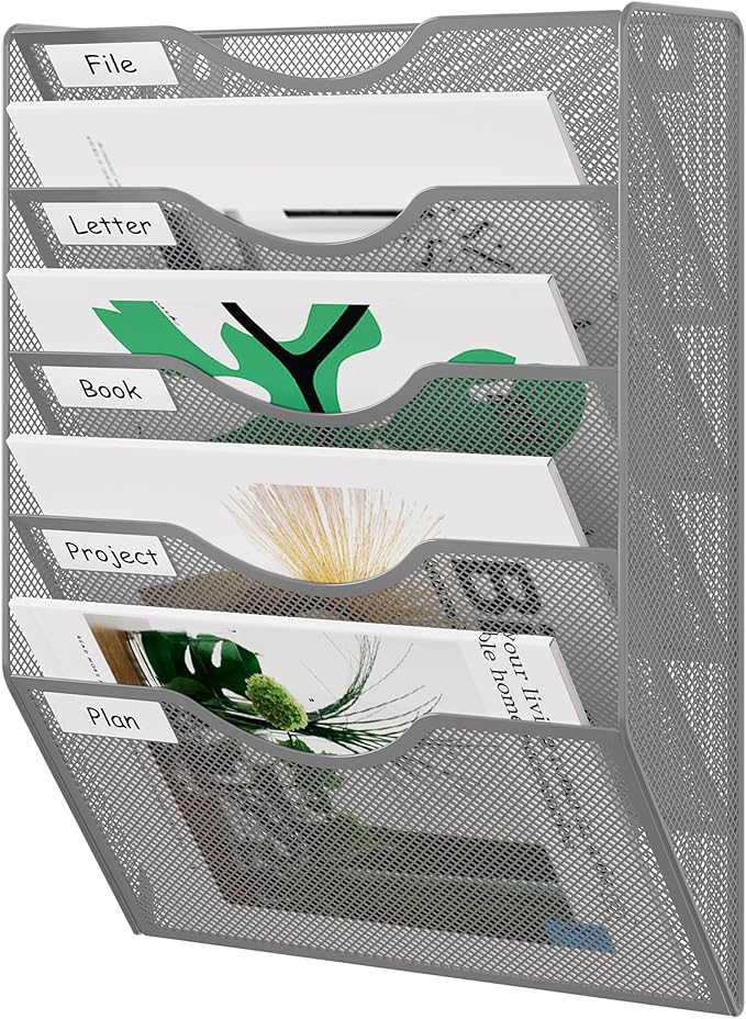 EasyPAG 5 Pocket Mesh Wall File Organizer, Hanging Paper Folder Holder with Classify Label, Vertical Wall Mount Mail Organizer for Office Home Classroom, Silver