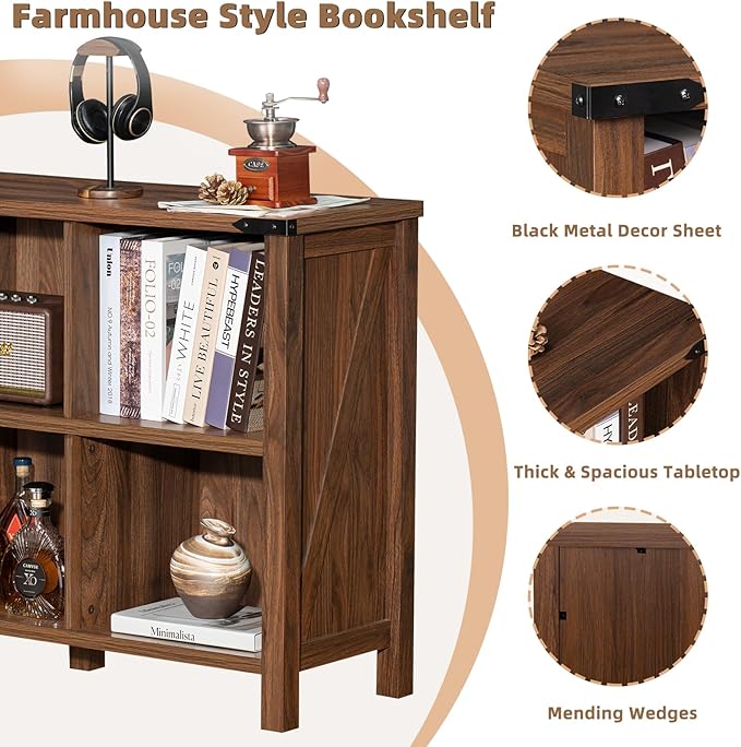 Joaxswe 8 Cube Book Shelf, Farmhouse Wood Long Storage Organizer Bookcase, 62" Horizontal Brown Walnut Console Closet Bookshelf, Hallway TV Stand for Entryway, Display Cabinet Book Case for Office