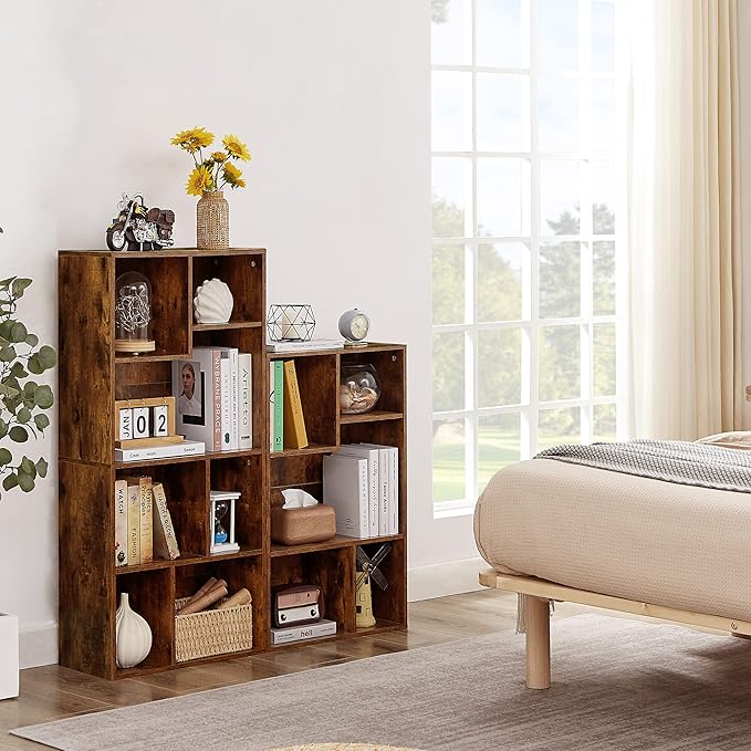 VECELO Wide Bookshelf Set, Fits 9.3" × 10-12.8" Hardcovers, Cube Storage Bookcases, Free-Standing for Living Room, Bedroom, Home Office, 3/4-Tier, 2-Pack, Brown