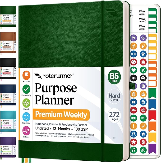 Roterunner Purpose Planner Notebook B5 7.5”x9.8” 12 Month Undated 2026 Daily Weekly and Monthly Productivity Goal Setting Tool for Work Home ADHD Planner for Adults Self Care Journa (Green)
