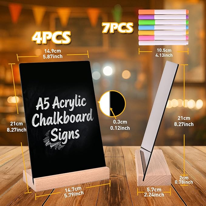 Pintuson 4 Pack Mini Chalkboard Signs - 8x6 inch Acrylic Chalk Board - Small Chalkboard Signs with Beech Base - Double Sided Blackboard for Display Menus, Food Signs, Message Boards, Table Numbers
