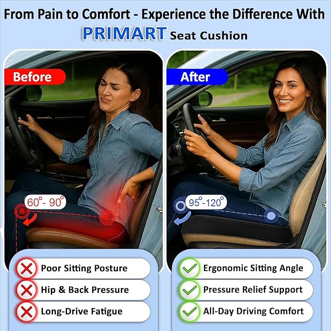 Memory Foam Seat Cushion, Ergonomic Office Chair Cushion for Back, Coccyx, Sciatica & Tailbone Pain Relief and Pressure Relief – Ideal for Car Seat, Wheelchair, Stadium & Recliner, Extra Cover (Gray)