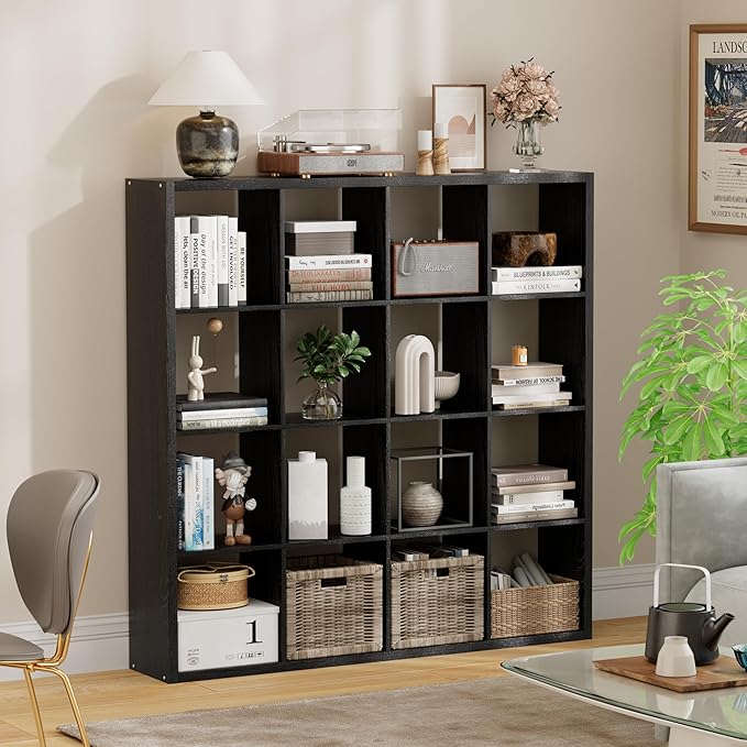 Jpiziso 16-Cube Storage Organizer Bookcase, Thick Frame Wood Grain Storage Shelf, Rectangular Cube Open Back Display Unit, 48.8x9.4x48.8 Inches for Living Room, Bedroom, Home Office, Embossed Black
