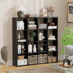 Jpiziso 16-Cube Storage Organizer Bookcase, Thick Frame Wood Grain Storage Shelf, Rectangular Cube Open Back Display Unit, 48.8x9.4x48.8 Inches for Living Room, Bedroom, Home Office, Embossed Black
