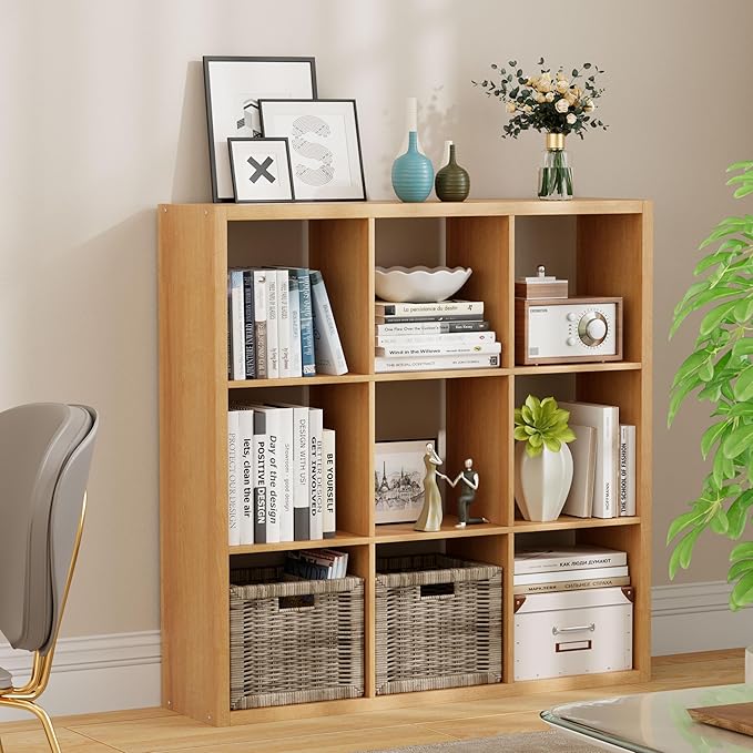 Jpiziso 9-Cube Storage Organizer, Wooden Cube Shelf Bookcase with Reinforced Thick Shelves, Heavy-Duty 36.93" L x 9.37" W x 36.93" H, for Living Room Bedroom Home Office, Natural-Oak