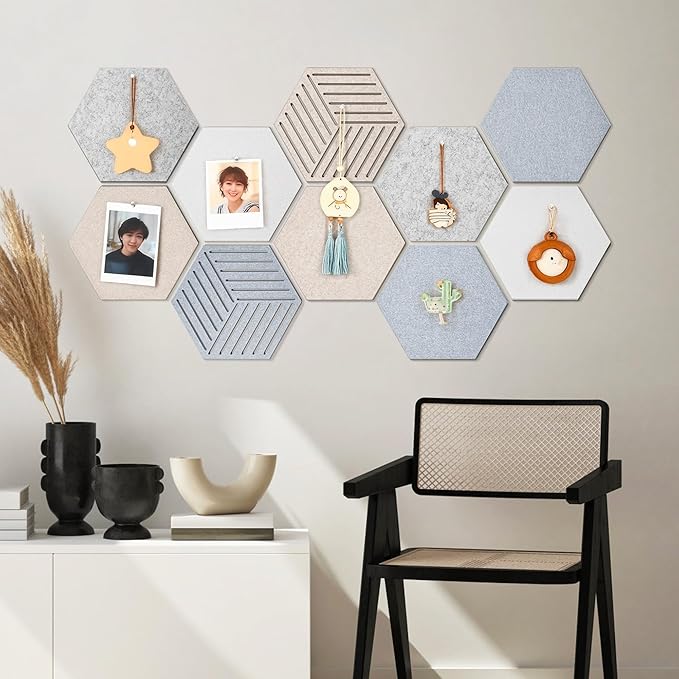 Fwpelt 12'' Medium Hexagon Cork-Bulletin Board Tiles Adhesive 10PCS 12x10 inch Frameless Sticky Corkboard Hex Felt Pin Board for Office-Wall Decor, Removable Hexagonal Tack Pinboard with 30 Pushpins