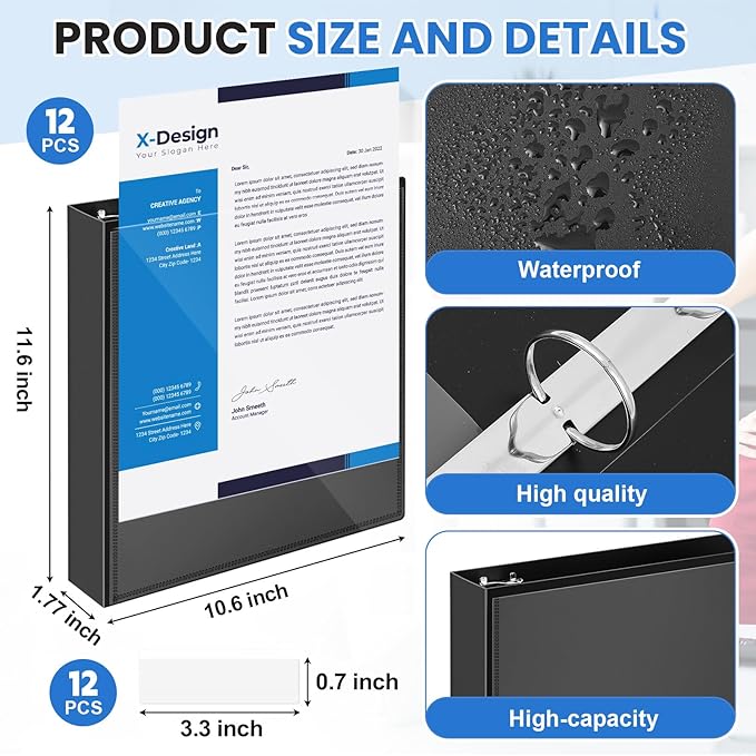 Henoyso 12 Pcs 3 Ring 1.5 Inch Binders Fits 8.5 x 11 Inch Letter Size Paper, Plastic Black Flexible Binders with View Cover and 2 Pockets, 275 Sheets Capacity for Office School