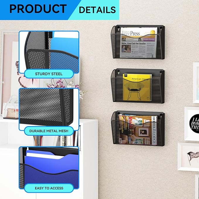 GDINDINFAN 3 Single Pocket Wall File Holder, Mesh Hanging File Folder Paper Organizer, Vertical Wall Mounted Mail Basket, Storage Organization Magazine Rack for Office, Home and School, Black