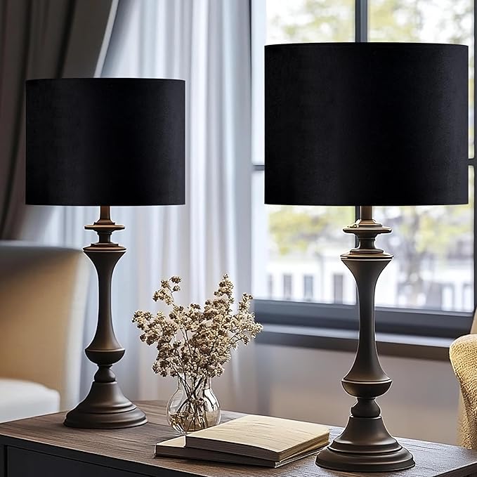 GO&SO Black Velvet Lamp Shades - 13" Top x 13" Bottom x 10" High(Spider) Medium Drum Lampshades - Traditional Fabric Lamp Shade for Table Lamps - Replacement Lampshade - Assembly Required