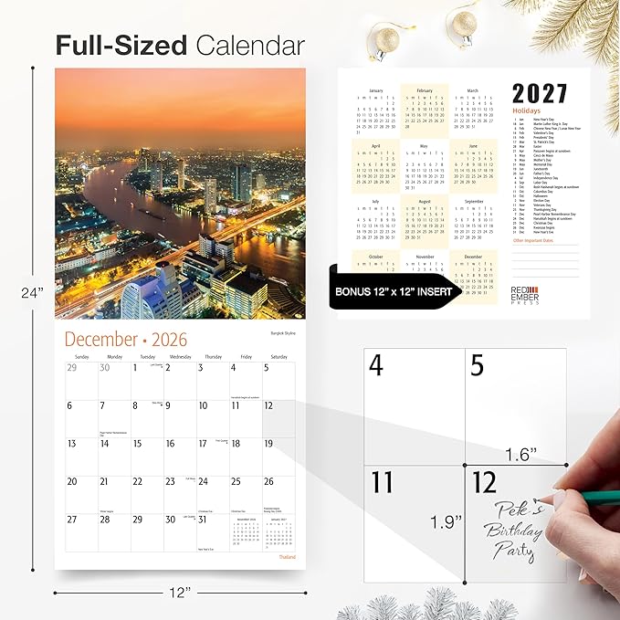RED EMBER Thailand 2026 Wall Calendar 12 Month | 12" x 24" Open | Thick & Sturdy Paper | Holiday Gift | Travel Calendar 2026