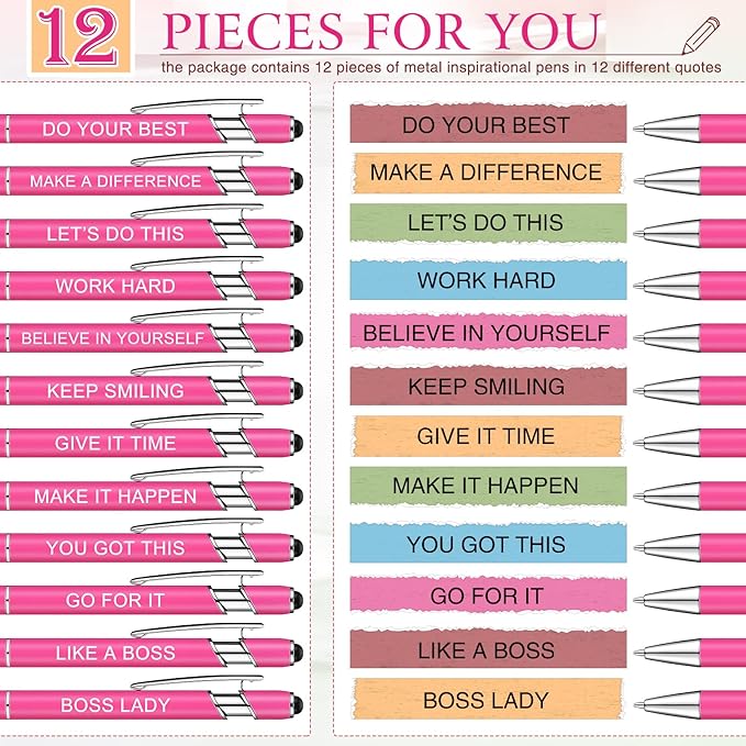 Zonon 12 Pcs Inspirational Pens Bulk Funny Ballpoint Pen with Stylus Tip Motivational Gifts for Valentine's Day Teacher Coworkers Nurse School Office Supplies(Pink,Boss Lady)