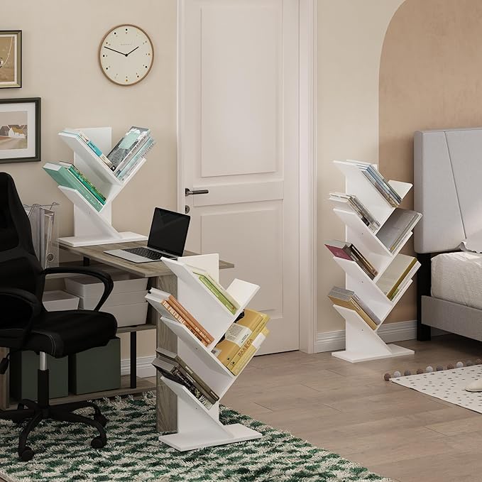 Furinno Tree Book Shelf, 5-Tier Bookshelf, Tree Bookcase for Room Decor, 8.4 x 15.7 x 30.3, for Living Room, Bedroom, Home Office, White