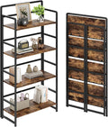 THKKY No Assembly Folding Bookshelf, 4 Tiers Collapsible Book Shelf for Home Office, Vintage Wood Foldable Bookcase Storage Organizer for Living Room Bedroom (Rustic Brown)